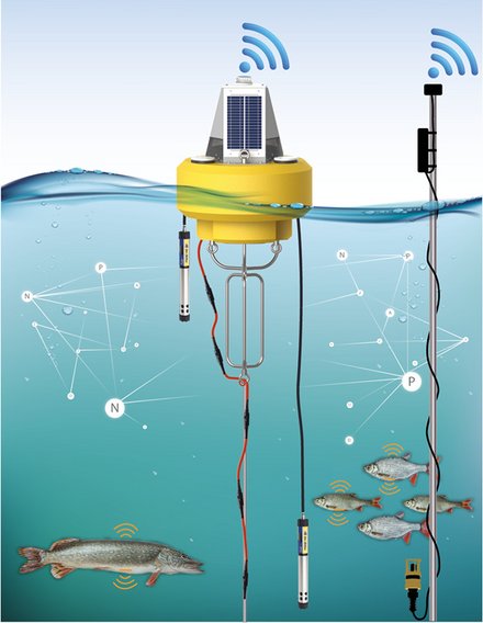 Det solcelledrevne bøjesystem, der måler fiskenes adfærd samt vandtemperatur i vand og luft.