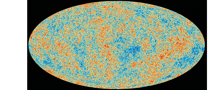 Illustrationen viser temperaturvariationer i den kosmiske baggrundsstråling målt af ESA’s Planck-satellit.