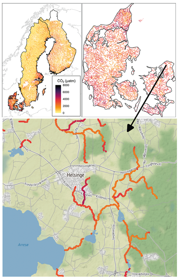 Kort over CO2-indholdet i søer i Danmark og Sverige samt området over Helsinge.