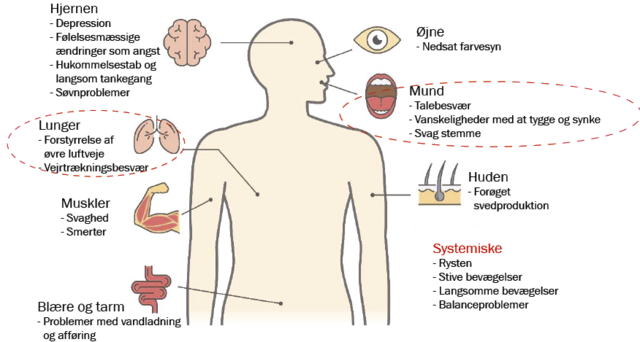 Figur over symptomer på parkinsons, hvor især symptomerne ved lunger og mund er interessant for forskningen.