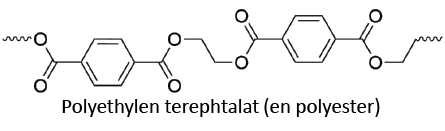 Illustration af molekylærstrukturen for Polyethylen teraphtalat (en polyester).
